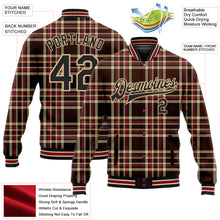 Загрузить изображение в средство просмотра галереи, Custom Brown Black Vegas Gold City Cream-Crimson Classic Western Plaid 3D Pattern Design Bomber Full-Snap Varsity Letterman Jacket
