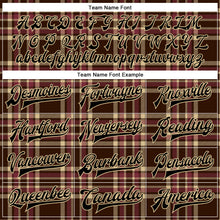 Загрузить изображение в средство просмотра галереи, Custom Brown Black Vegas Gold City Cream-Crimson Classic Western Plaid 3D Pattern Design Bomber Full-Snap Varsity Letterman Jacket
