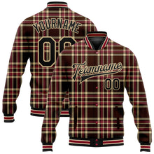 Загрузить изображение в средство просмотра галереи, Custom Brown Black Vegas Gold City Cream-Crimson Classic Western Plaid 3D Pattern Design Bomber Full-Snap Varsity Letterman Jacket
