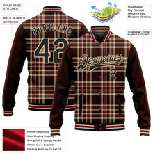 Charger l&#39;image dans la galerie, Custom Brown Black Vegas Gold City Cream-Crimson Classic Western Plaid 3D Pattern Design Bomber Full-Snap Varsity Letterman Jacket
