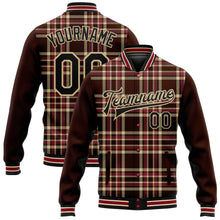 Charger l&#39;image dans la galerie, Custom Brown Black Vegas Gold City Cream-Crimson Classic Western Plaid 3D Pattern Design Bomber Full-Snap Varsity Letterman Jacket
