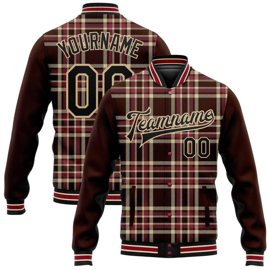 Custom Brown Black Vegas Gold City Cream-Crimson Classic Western Plaid 3D Pattern Design Bomber Full-Snap Varsity Letterman Jacket