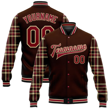 Custom Brown Crimson Vegas Gold Black-City Cream Classic Western Plaid 3D Pattern Design Bomber Full-Snap Varsity Letterman Jacket