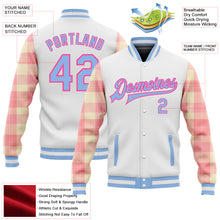 Laden Sie das Bild in den Galerie-Viewer, Custom White Light Blue Pink-Medium Pink Classic Western Plaid 3D Pattern Design Bomber Full-Snap Varsity Letterman Jacket
