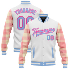 Laden Sie das Bild in den Galerie-Viewer, Custom White Light Blue Pink-Medium Pink Classic Western Plaid 3D Pattern Design Bomber Full-Snap Varsity Letterman Jacket
