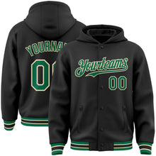 Load image into Gallery viewer, Custom Black Kelly Green-Cream Bomber Full-Snap Varsity Letterman Hoodie Jacket
