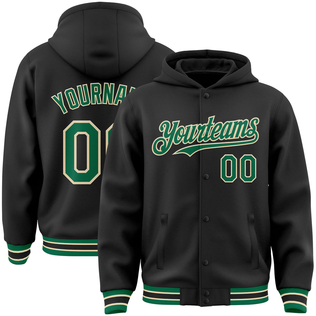 Custom Black Kelly Green-Cream Bomber Full-Snap Varsity Letterman Hoodie Jacket