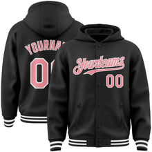 Load image into Gallery viewer, Custom Black Medium Pink-White Bomber Full-Snap Varsity Letterman Hoodie Jacket
