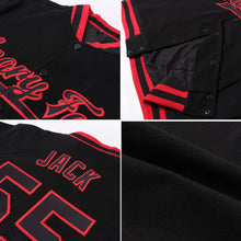 Load image into Gallery viewer, Custom Black Red Bomber Full-Snap Varsity Letterman Hoodie Jacket
