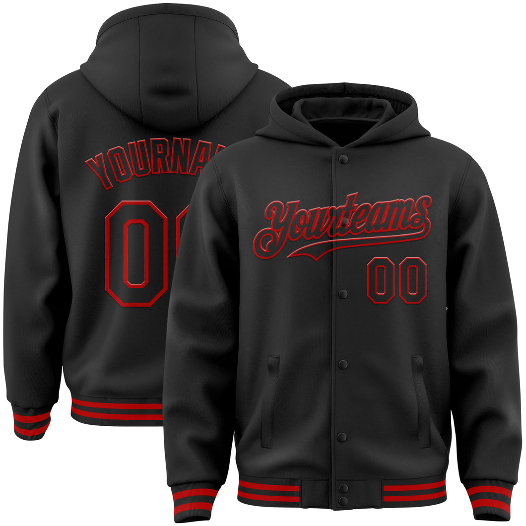 Custom Black Red Bomber Full-Snap Varsity Letterman Hoodie Jacket