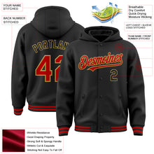 Load image into Gallery viewer, Custom Black Red-Old Gold Bomber Full-Snap Varsity Letterman Hoodie Jacket
