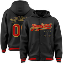 Load image into Gallery viewer, Custom Black Red-Old Gold Bomber Full-Snap Varsity Letterman Hoodie Jacket
