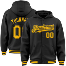 Load image into Gallery viewer, Custom Black Gold Bomber Full-Snap Varsity Letterman Hoodie Jacket
