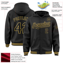 Load image into Gallery viewer, Custom Black Old Gold Bomber Full-Snap Varsity Letterman Hoodie Jacket
