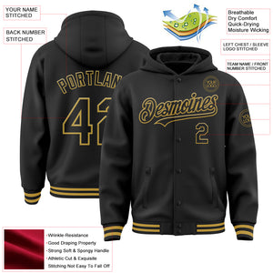 Custom Black Old Gold Bomber Full-Snap Varsity Letterman Hoodie Jacket