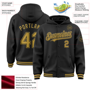 Custom Black Old Gold Bomber Full-Snap Varsity Letterman Hoodie Jacket