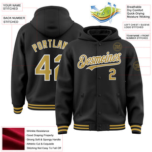 Custom Black Old Gold-White Bomber Full-Snap Varsity Letterman Hoodie Jacket