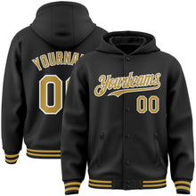 Laden Sie das Bild in den Galerie-Viewer, Custom Black Old Gold-White Bomber Full-Snap Varsity Letterman Hoodie Jacket
