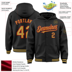 Custom Black Old Gold-Red Bomber Full-Snap Varsity Letterman Hoodie Jacket