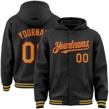 Custom Black Old Gold-Red Bomber Full-Snap Varsity Letterman Hoodie Jacket