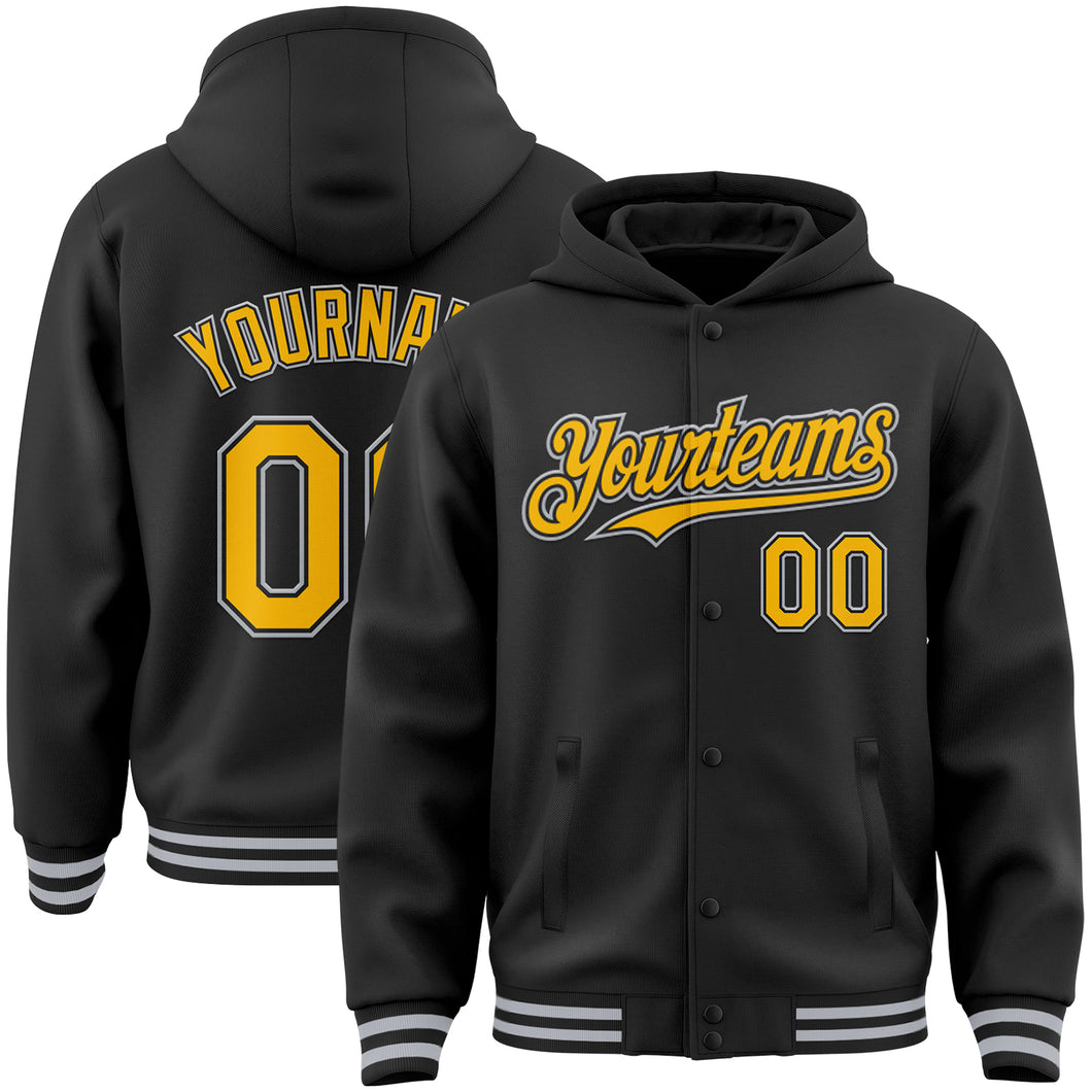 Custom Black Gold-Gray Bomber Full-Snap Varsity Letterman Hoodie Jacket