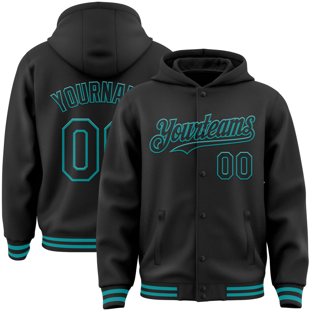 Custom Black Teal Bomber Full-Snap Varsity Letterman Hoodie Jacket