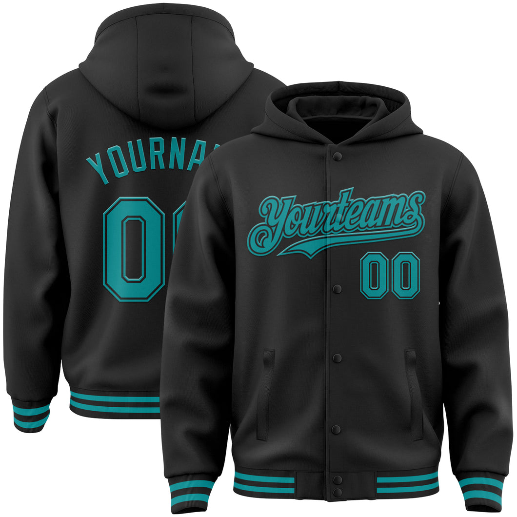 Custom Black Teal Bomber Full-Snap Varsity Letterman Hoodie Jacket