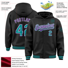 Load image into Gallery viewer, Custom Black Teal-Purple Bomber Full-Snap Varsity Letterman Hoodie Jacket
