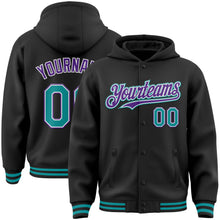 Load image into Gallery viewer, Custom Black Teal-Purple Bomber Full-Snap Varsity Letterman Hoodie Jacket
