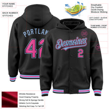 Charger l&#39;image dans la galerie, Custom Black Pink-Light Blue Bomber Full-Snap Varsity Letterman Hoodie Jacket
