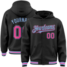 Charger l&#39;image dans la galerie, Custom Black Pink-Light Blue Bomber Full-Snap Varsity Letterman Hoodie Jacket
