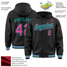 Charger l&#39;image dans la galerie, Custom Black Pink-Aqua Bomber Full-Snap Varsity Letterman Hoodie Jacket
