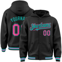 Charger l&#39;image dans la galerie, Custom Black Pink-Aqua Bomber Full-Snap Varsity Letterman Hoodie Jacket
