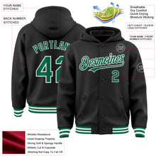 Load image into Gallery viewer, Custom Black Kelly Green-White Bomber Full-Snap Varsity Letterman Hoodie Jacket
