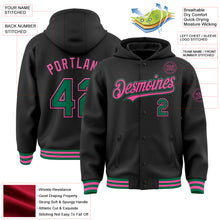 Load image into Gallery viewer, Custom Black Kelly Green-Pink Bomber Full-Snap Varsity Letterman Hoodie Jacket
