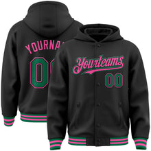 Load image into Gallery viewer, Custom Black Kelly Green-Pink Bomber Full-Snap Varsity Letterman Hoodie Jacket
