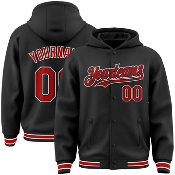 Custom Black Red-White Bomber Full-Snap Varsity Letterman Hoodie Jacket