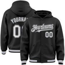 Загрузить изображение в средство просмотра галереи, Custom Black White-Gray Bomber Full-Snap Varsity Letterman Hoodie Jacket
