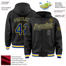 Загрузить изображение в средство просмотра галереи, Custom Black Royal-Yellow Bomber Full-Snap Varsity Letterman Hoodie Jacket
