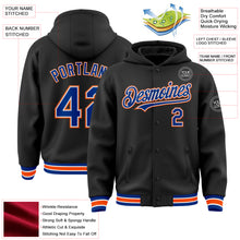 Загрузить изображение в средство просмотра галереи, Custom Black Royal-Orange Bomber Full-Snap Varsity Letterman Hoodie Jacket
