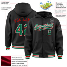 Load image into Gallery viewer, Custom Black Kelly Green-Red Bomber Full-Snap Varsity Letterman Hoodie Jacket
