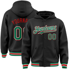 Load image into Gallery viewer, Custom Black Kelly Green-Red Bomber Full-Snap Varsity Letterman Hoodie Jacket
