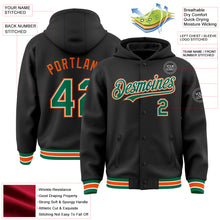 Load image into Gallery viewer, Custom Black Kelly Green-Orange Bomber Full-Snap Varsity Letterman Hoodie Jacket
