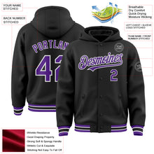 Загрузить изображение в средство просмотра галереи, Custom Black Purple-White Bomber Full-Snap Varsity Letterman Hoodie Jacket
