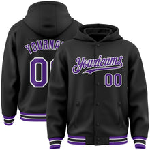 Загрузить изображение в средство просмотра галереи, Custom Black Purple-White Bomber Full-Snap Varsity Letterman Hoodie Jacket
