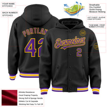 Загрузить изображение в средство просмотра галереи, Custom Black Purple-Gold Bomber Full-Snap Varsity Letterman Hoodie Jacket
