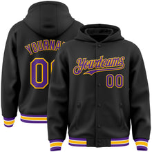 Загрузить изображение в средство просмотра галереи, Custom Black Purple-Gold Bomber Full-Snap Varsity Letterman Hoodie Jacket
