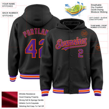 Загрузить изображение в средство просмотра галереи, Custom Black Purple-Orange Bomber Full-Snap Varsity Letterman Hoodie Jacket
