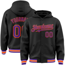 Загрузить изображение в средство просмотра галереи, Custom Black Purple-Orange Bomber Full-Snap Varsity Letterman Hoodie Jacket
