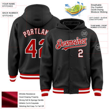 Загрузить изображение в средство просмотра галереи, Custom Black Red-White Bomber Full-Snap Varsity Letterman Hoodie Jacket
